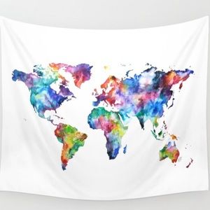 Colorful Watercolor worldmap wall tapestry 51”X60”